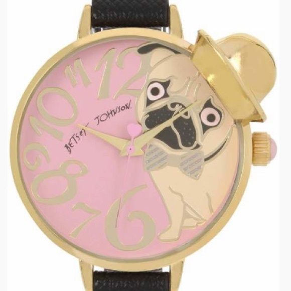 Betsey Johnson Pink Pug in a Hat Black Strap Watch - Picture 3 of 8